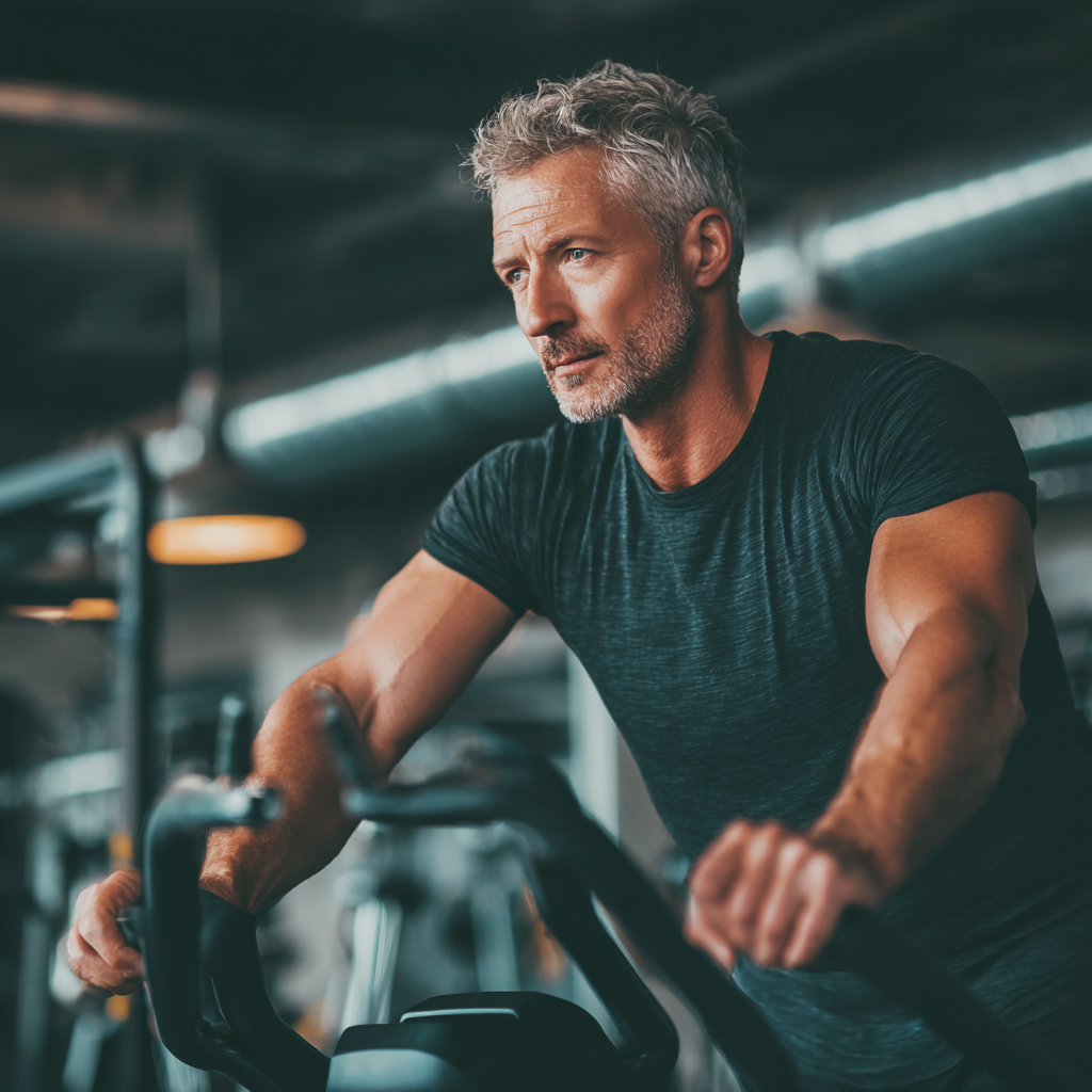 Middle-aged fitness enthusiast working out with modern equipment in industrial-style gym