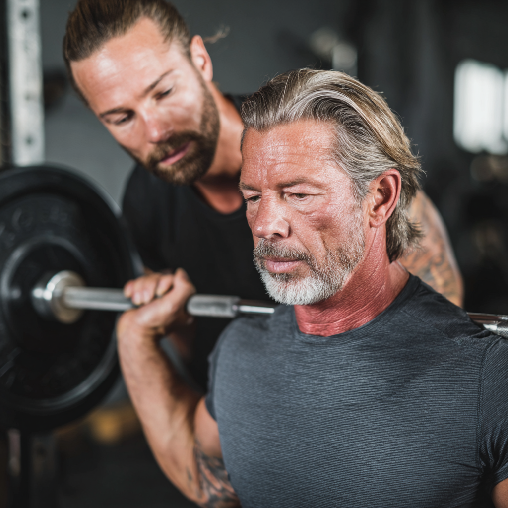 Professional trainer demonstrating proper form to focused middle-aged athlete